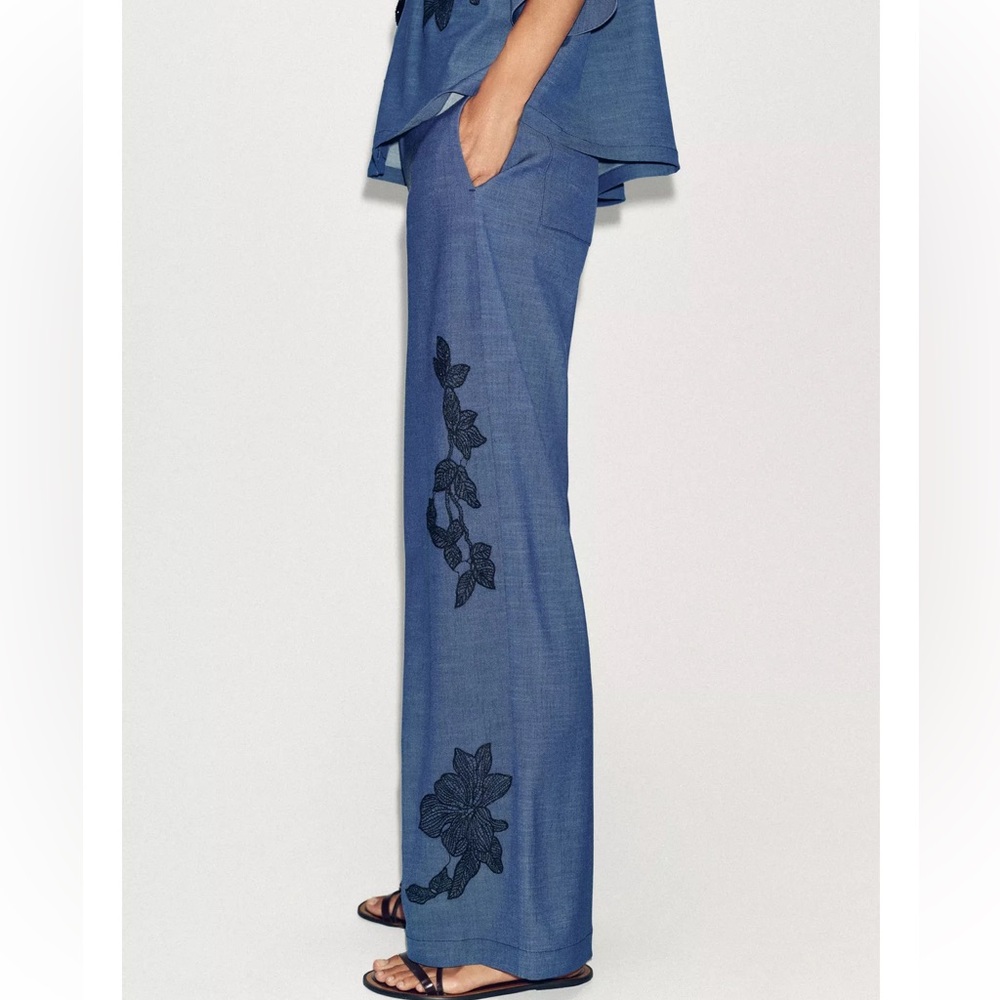 Zara 2 Piece Matching Set Floral Kimono Shirt & Wide Leg Pants Denim Blue NWT - Picture 7 of 13